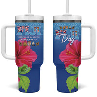 Bula Fiji Day Tumbler With Handle Traditional Tapa Pattern With Hibiscus LT05 One Size: 40 oz Blue - Polynesian Pride