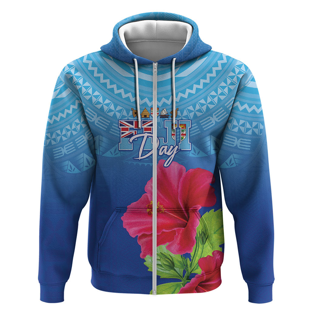 Bula Fiji Day Zip Hoodie Traditional Tapa Pattern With Hibiscus