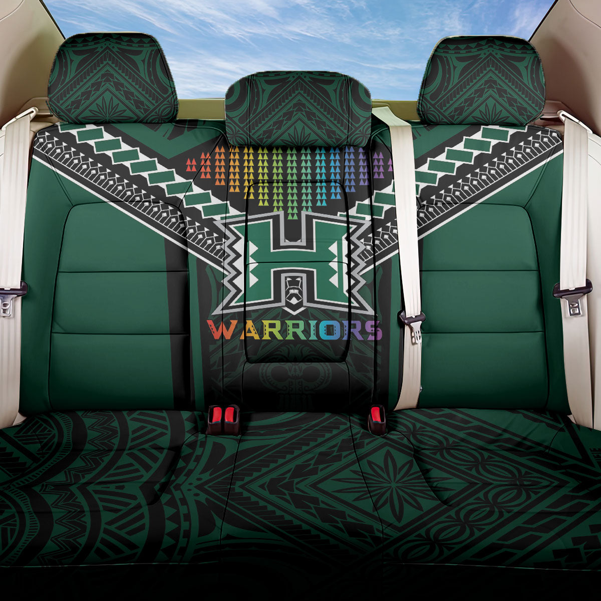 Hawaii Warriors Football Back Car Seat Cover Rainbow Kakau Pattern Black