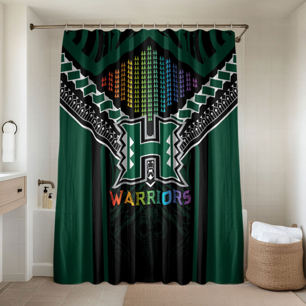 Hawaii Warriors Football Bathroom Set Rainbow Kakau Pattern Black LT05 Shower Curtain Only Black - Polynesian Pride