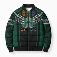 Custom Hawaii Warriors Football Bomber Puffer Jacket Rainbow Kakau Pattern Black LT05 Unisex Black - Polynesian Pride