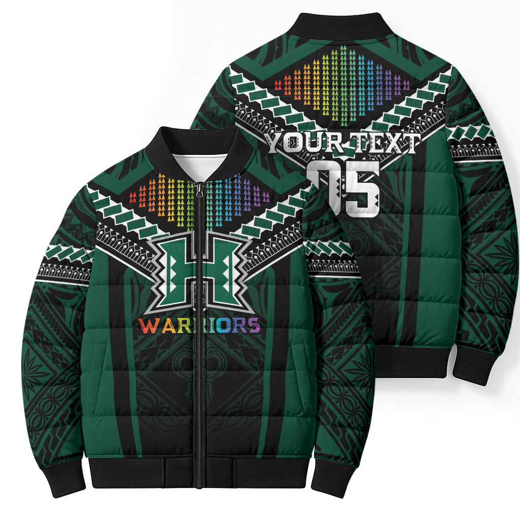 Custom Hawaii Warriors Football Bomber Puffer Jacket Rainbow Kakau Pattern Black LT05 - Polynesian Pride