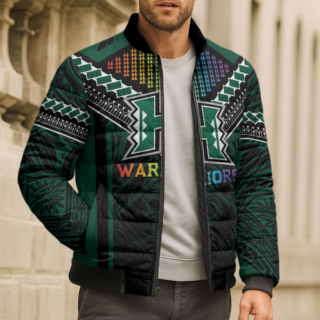 Custom Hawaii Warriors Football Bomber Puffer Jacket Rainbow Kakau Pattern Black LT05 - Polynesian Pride