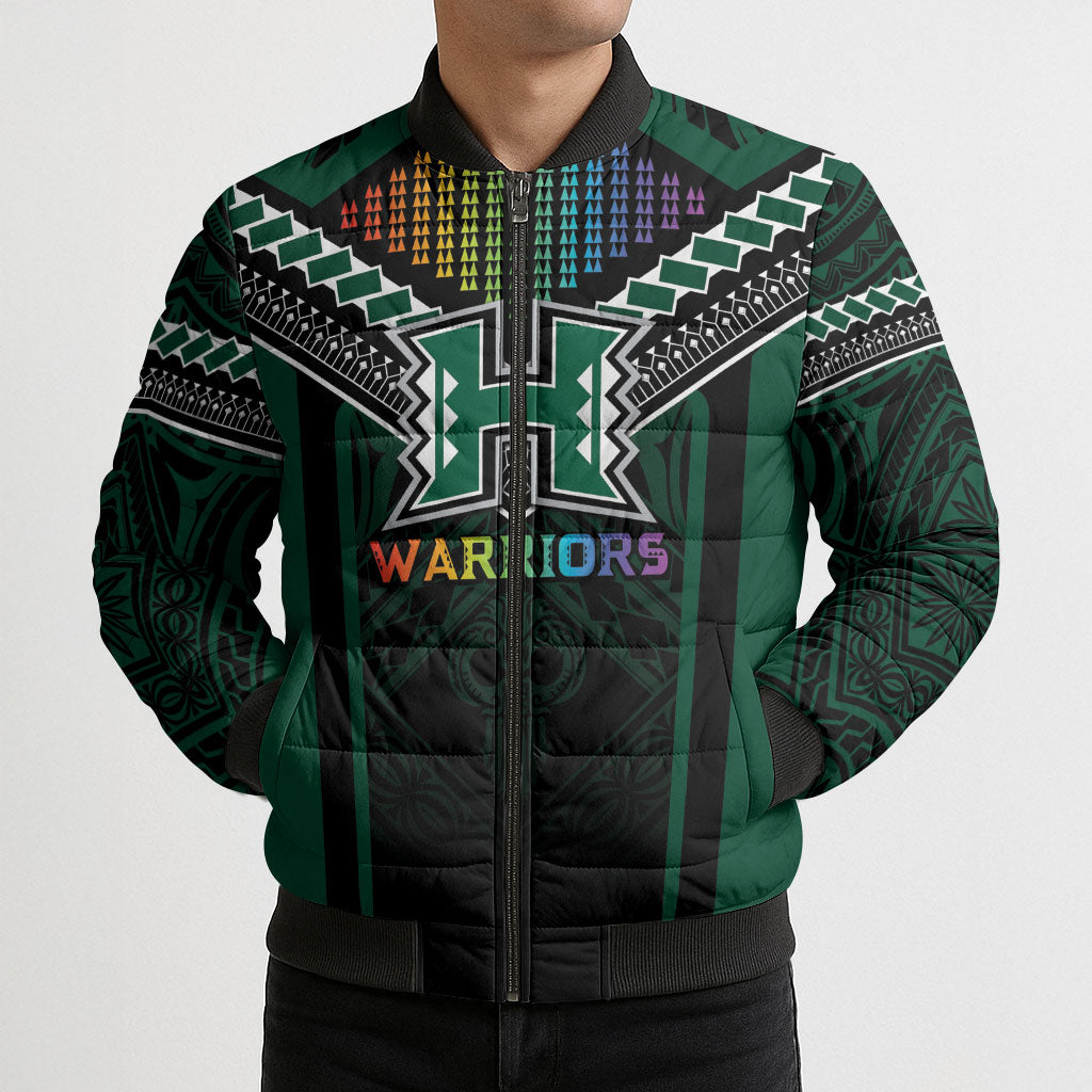 Custom Hawaii Warriors Football Bomber Puffer Jacket Rainbow Kakau Pattern Black LT05 - Polynesian Pride