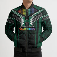 Custom Hawaii Warriors Football Bomber Puffer Jacket Rainbow Kakau Pattern Black LT05 - Polynesian Pride