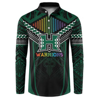 Custom Hawaii Warriors Football Button Sweatshirt Rainbow Kakau Pattern Black LT05 Black - Polynesian Pride