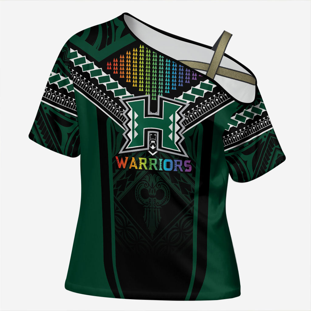 Custom Hawaii Warriors Football Cross Shoulder Shirt Rainbow Kakau Pattern Black