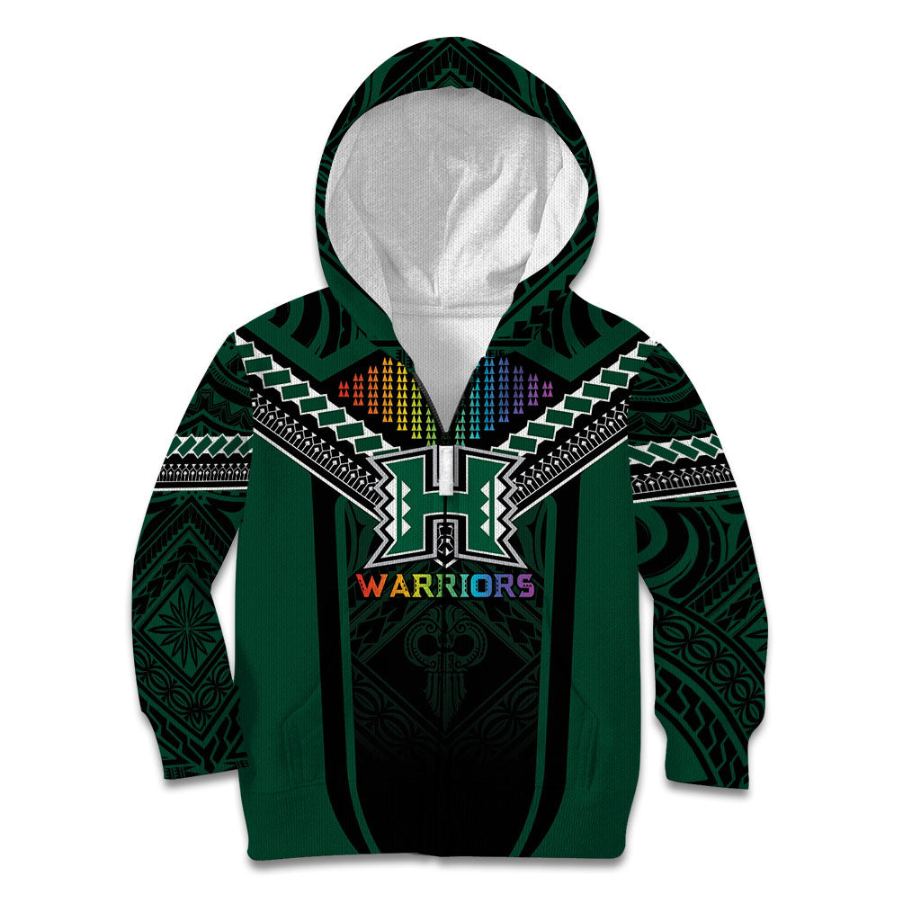 Custom Hawaii Warriors Football Kid Hoodie Rainbow Kakau Pattern Black LT05 Zip Hoodie Black - Polynesian Pride