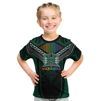 Custom Hawaii Warriors Football Kid T Shirt Rainbow Kakau Pattern Black LT05 Black - Polynesian Pride