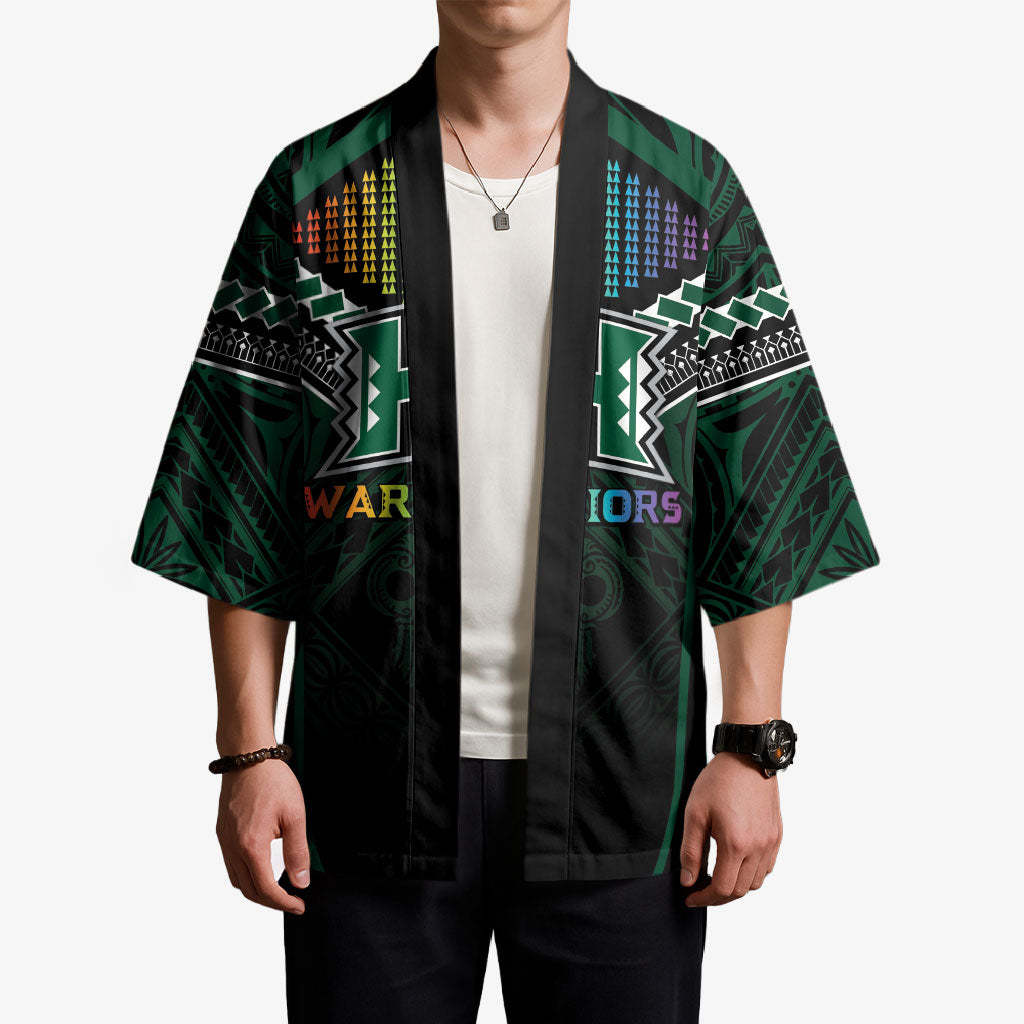 Custom Hawaii Warriors Football Kimono Rainbow Kakau Pattern Black LT05 - Polynesian Pride