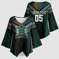 Custom Hawaii Warriors Football Kimono Sleeve Blouse Rainbow Kakau Pattern Black LT05 - Polynesian Pride