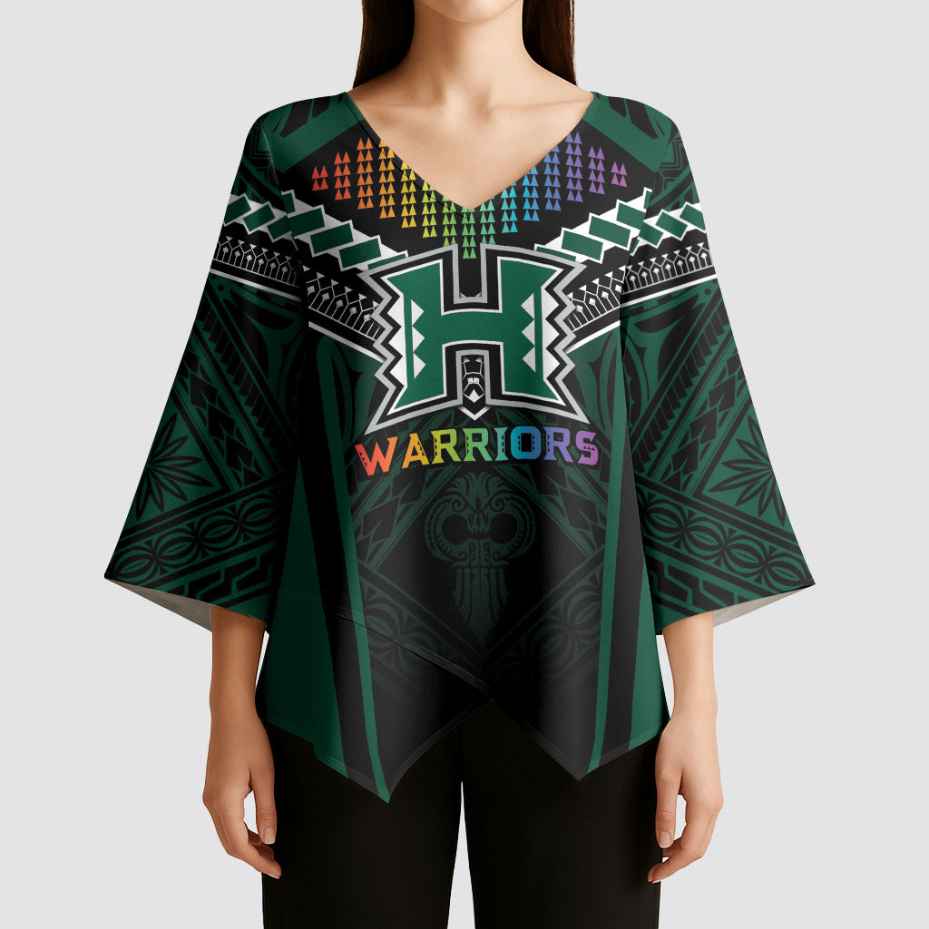 Custom Hawaii Warriors Football Kimono Sleeve Blouse Rainbow Kakau Pattern Black LT05 - Polynesian Pride