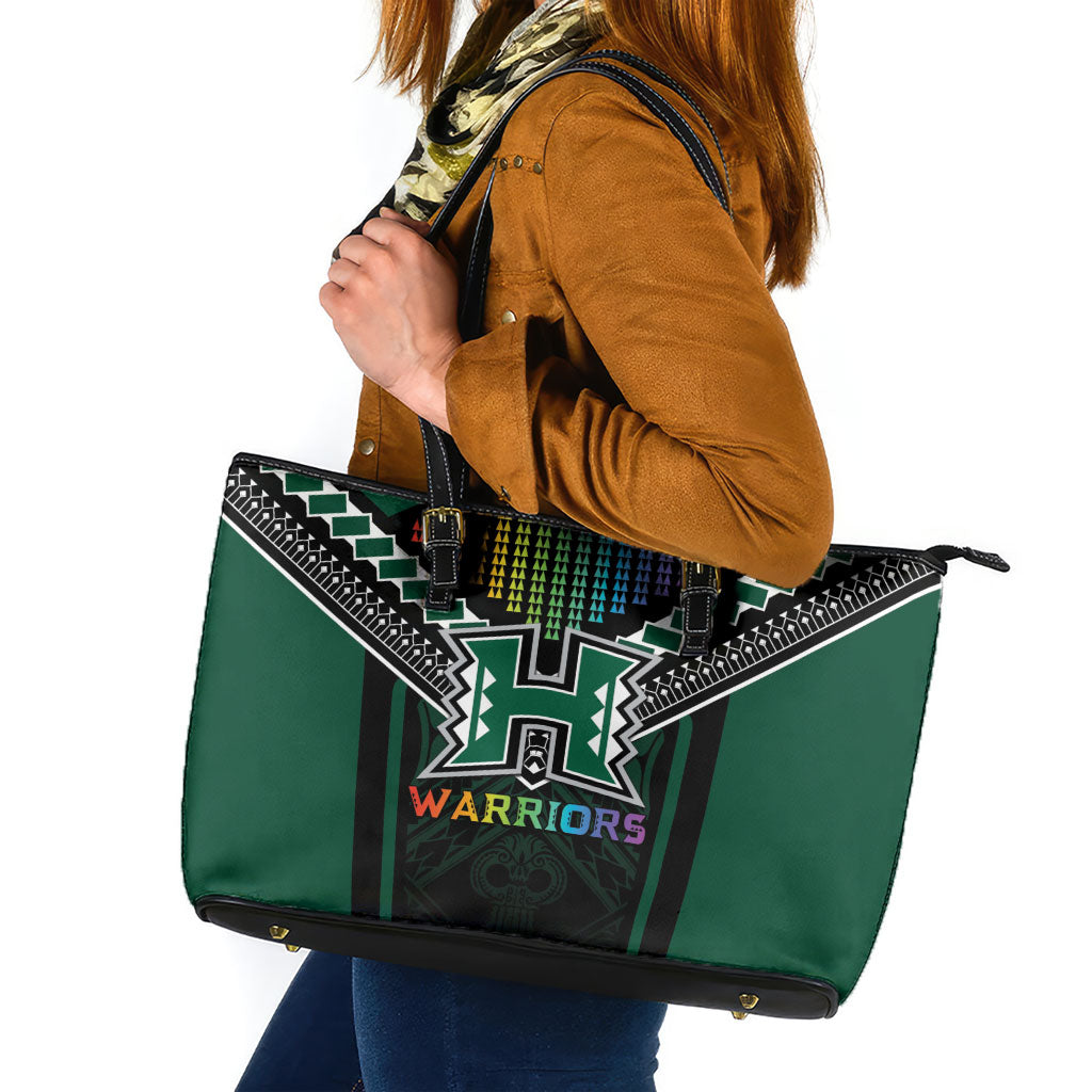 Hawaii Warriors Football Leather Tote Bag Rainbow Kakau Pattern Black LT05 Black - Polynesian Pride
