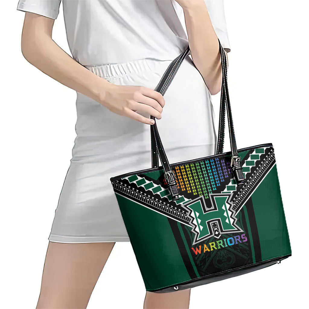 Hawaii Warriors Football Leather Tote Bag Rainbow Kakau Pattern Black LT05 - Polynesian Pride
