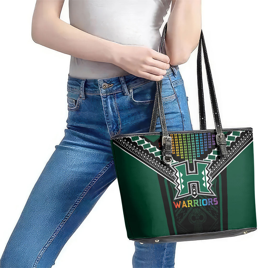 Hawaii Warriors Football Leather Tote Bag Rainbow Kakau Pattern Black LT05 - Polynesian Pride