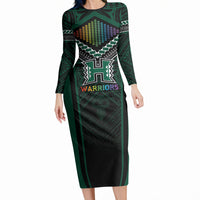 Custom Hawaii Warriors Football Long Sleeve Bodycon Dress Rainbow Kakau Pattern Black LT05 Long Dress Black - Polynesian Pride