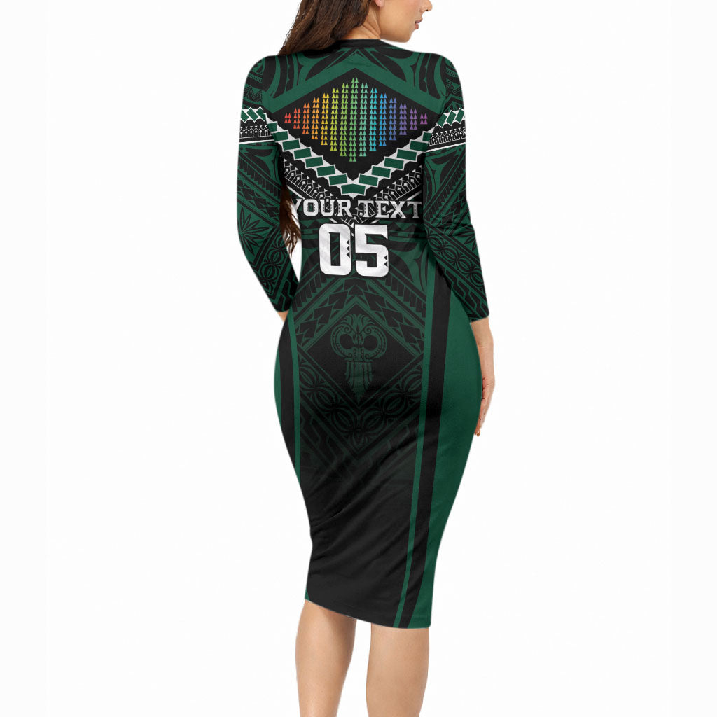 Custom Hawaii Warriors Football Long Sleeve Bodycon Dress Rainbow Kakau Pattern Black LT05 - Polynesian Pride