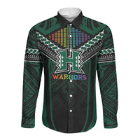 Custom Hawaii Warriors Football Long Sleeve Button Shirt Rainbow Kakau Pattern Black LT05 Unisex Black - Polynesian Pride