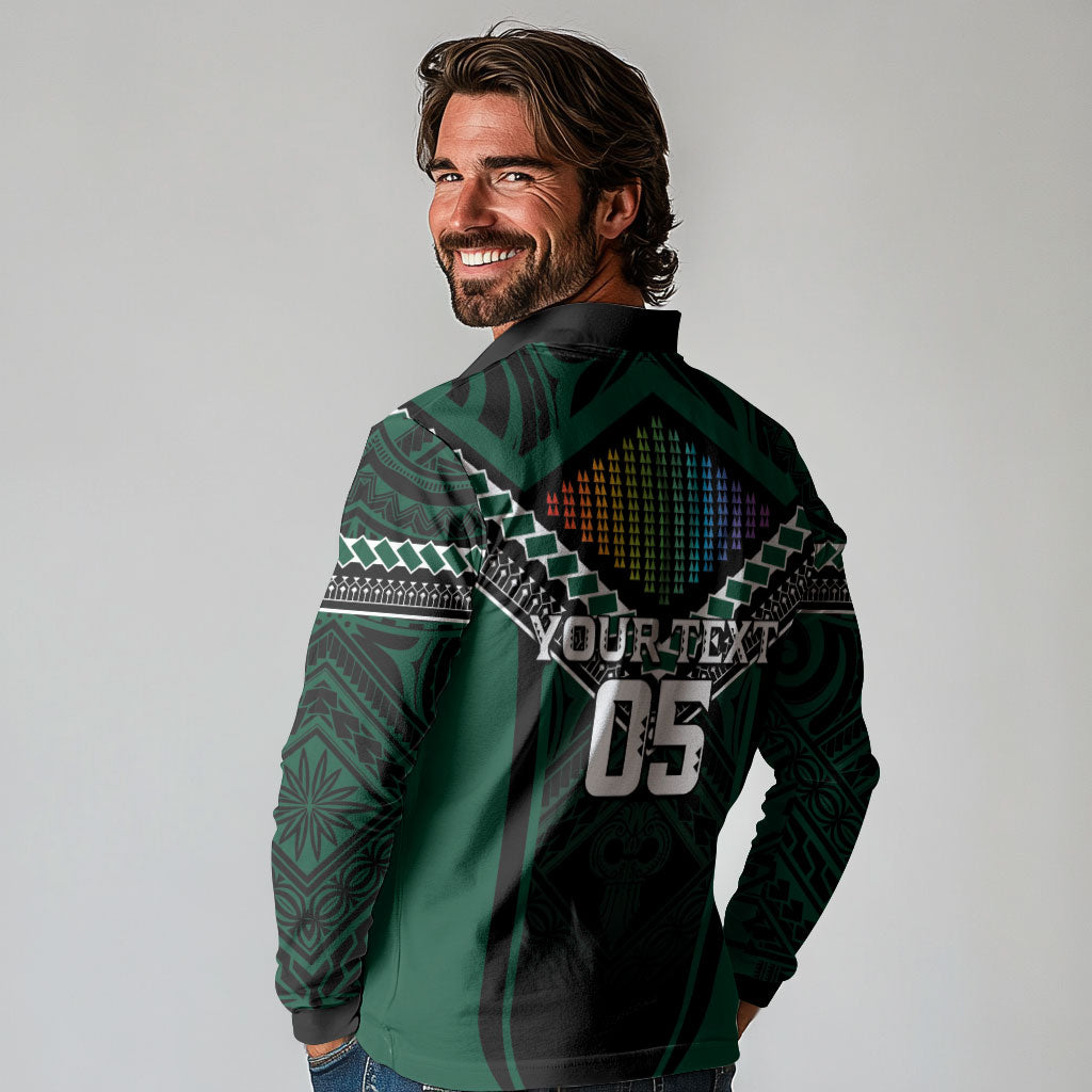 Custom Hawaii Warriors Football Long Sleeve Polo Shirt Rainbow Kakau Pattern Black LT05 - Polynesian Pride