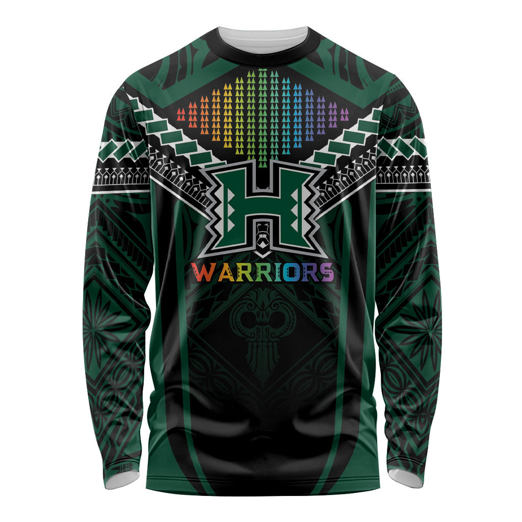 Custom Hawaii Warriors Football Long Sleeve Shirt Rainbow Kakau Pattern Black LT05 Unisex Black - Polynesian Pride