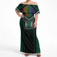 Custom Hawaii Warriors Football Off Shoulder Maxi Dress Rainbow Kakau Pattern Black LT05 Women Black - Polynesian Pride