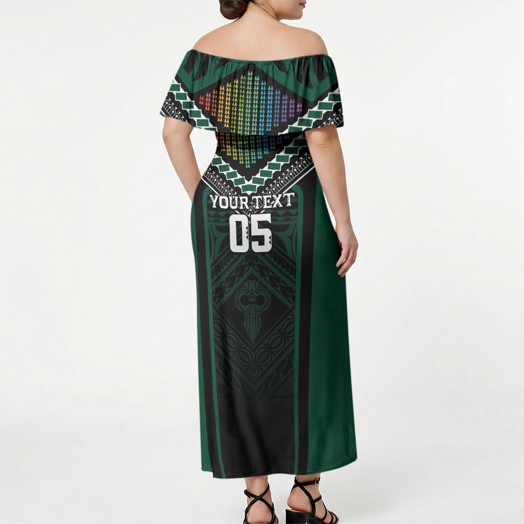 Custom Hawaii Warriors Football Off Shoulder Maxi Dress Rainbow Kakau Pattern Black LT05 - Polynesian Pride
