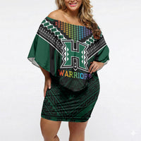 Custom Hawaii Warriors Football Off Shoulder Short Dress Rainbow Kakau Pattern Black LT05 Women Black - Polynesian Pride