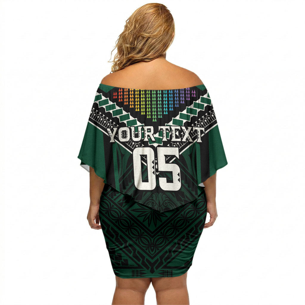 Custom Hawaii Warriors Football Off Shoulder Short Dress Rainbow Kakau Pattern Black LT05 - Polynesian Pride