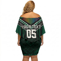 Custom Hawaii Warriors Football Off Shoulder Short Dress Rainbow Kakau Pattern Black LT05 - Polynesian Pride