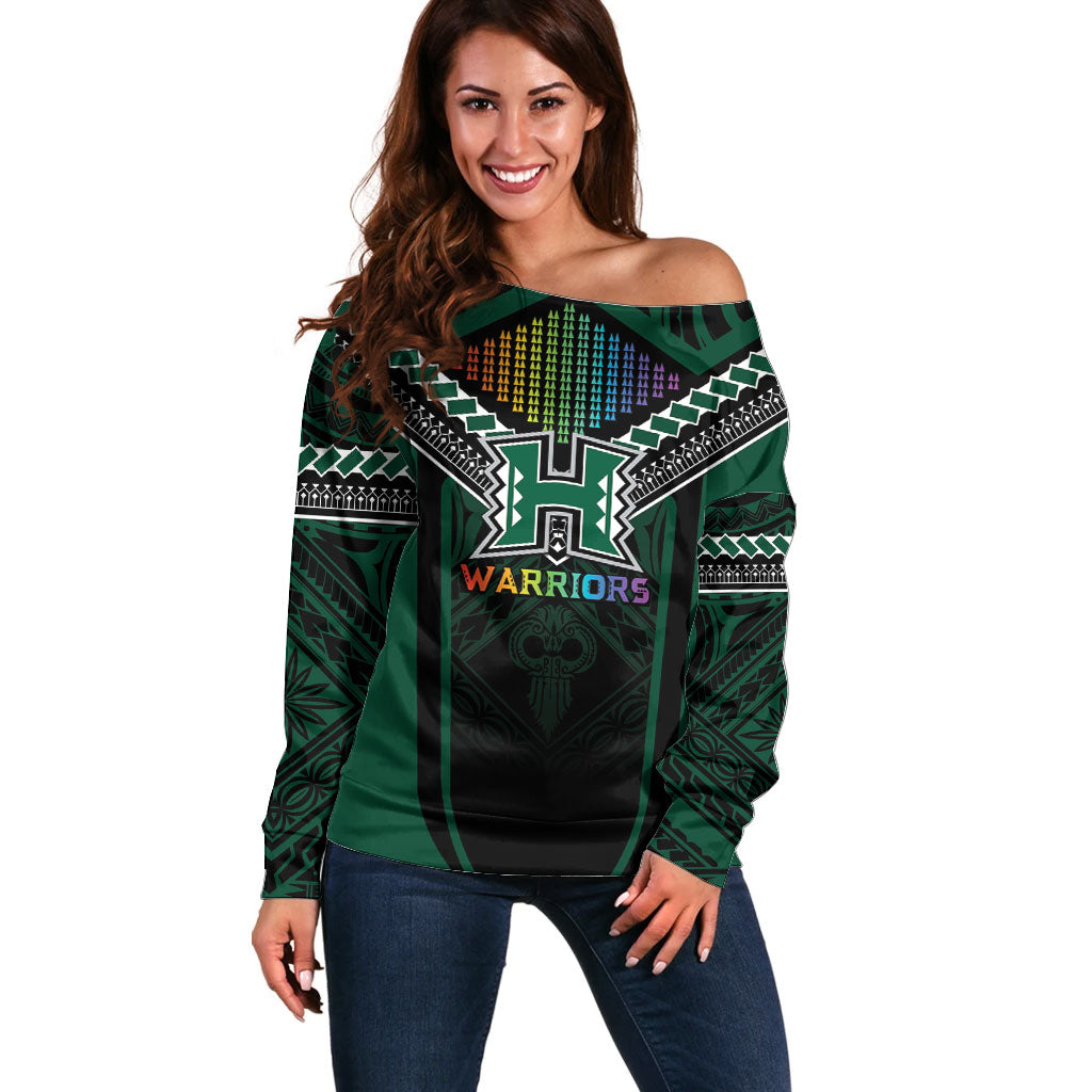 Custom Hawaii Warriors Football Off Shoulder Sweater Rainbow Kakau Pattern Black LT05 Women Black - Polynesian Pride