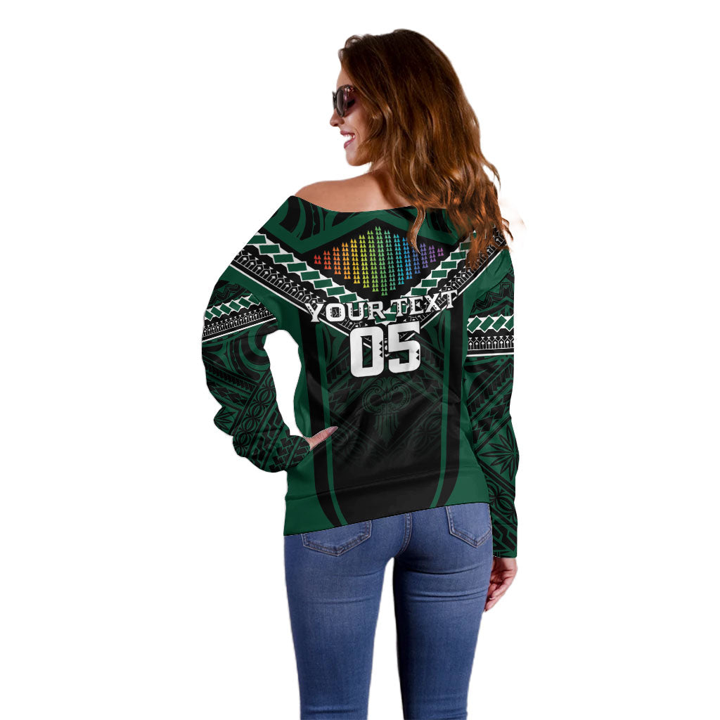 Custom Hawaii Warriors Football Off Shoulder Sweater Rainbow Kakau Pattern Black LT05 - Polynesian Pride
