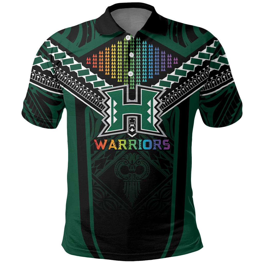 Custom Hawaii Warriors Football Polo Shirt Rainbow Kakau Pattern Black LT05 Black - Polynesian Pride