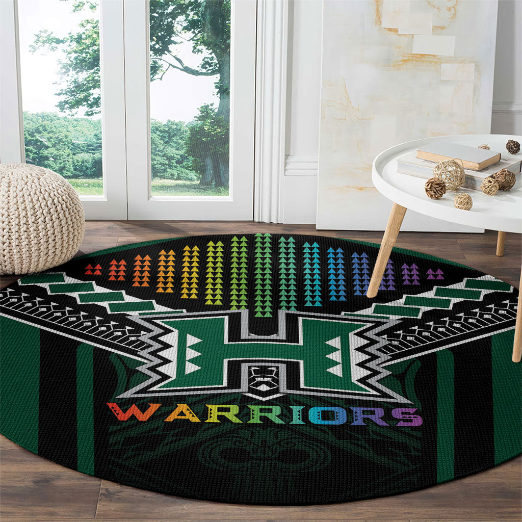 Hawaii Warriors Football Round Carpet Rainbow Kakau Pattern Black LT05 - Polynesian Pride