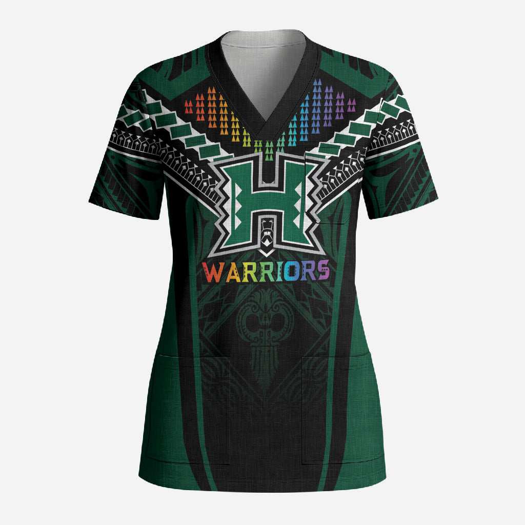 Custom Hawaii Warriors Football Scrub Top Rainbow Kakau Pattern Black LT05 Adult Black - Polynesian Pride