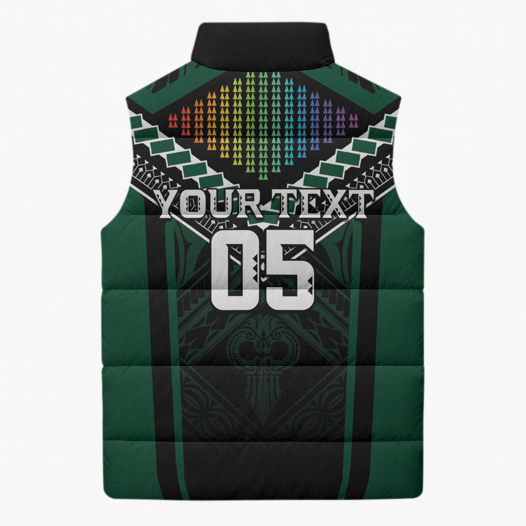 Custom Hawaii Warriors Football Sleeveless Puffer Jacket Rainbow Kakau Pattern Black LT05 - Polynesian Pride