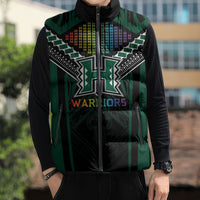Custom Hawaii Warriors Football Sleeveless Puffer Jacket Rainbow Kakau Pattern Black LT05 - Polynesian Pride