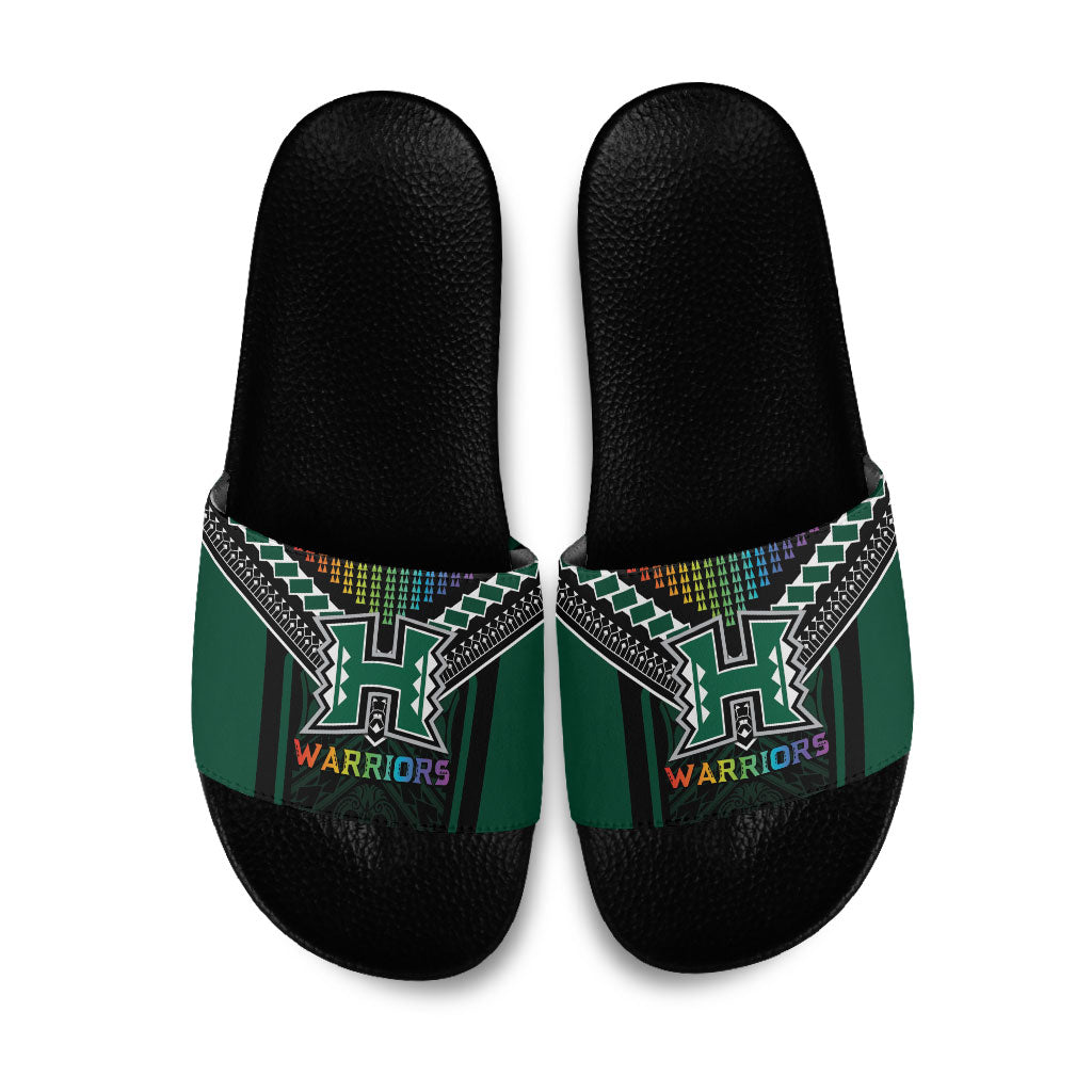Hawaii Warriors Football Slide Sandals Rainbow Kakau Pattern Black LT05 Black - Polynesian Pride
