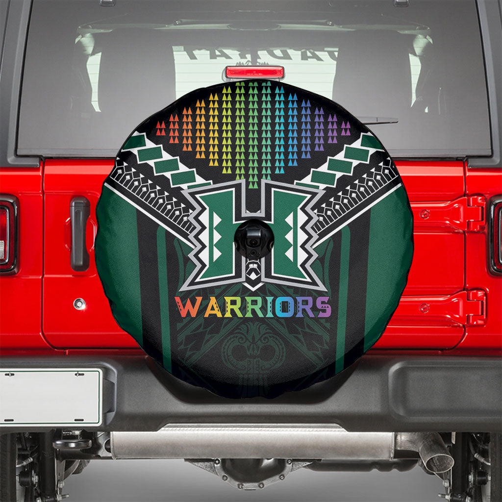 Hawaii Warriors Football Spare Tire Cover Rainbow Kakau Pattern Black LT05 - Polynesian Pride