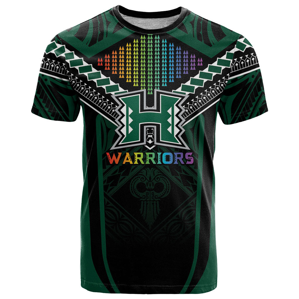 Custom Hawaii Warriors Football T Shirt Rainbow Kakau Pattern Black LT05 Black - Polynesian Pride