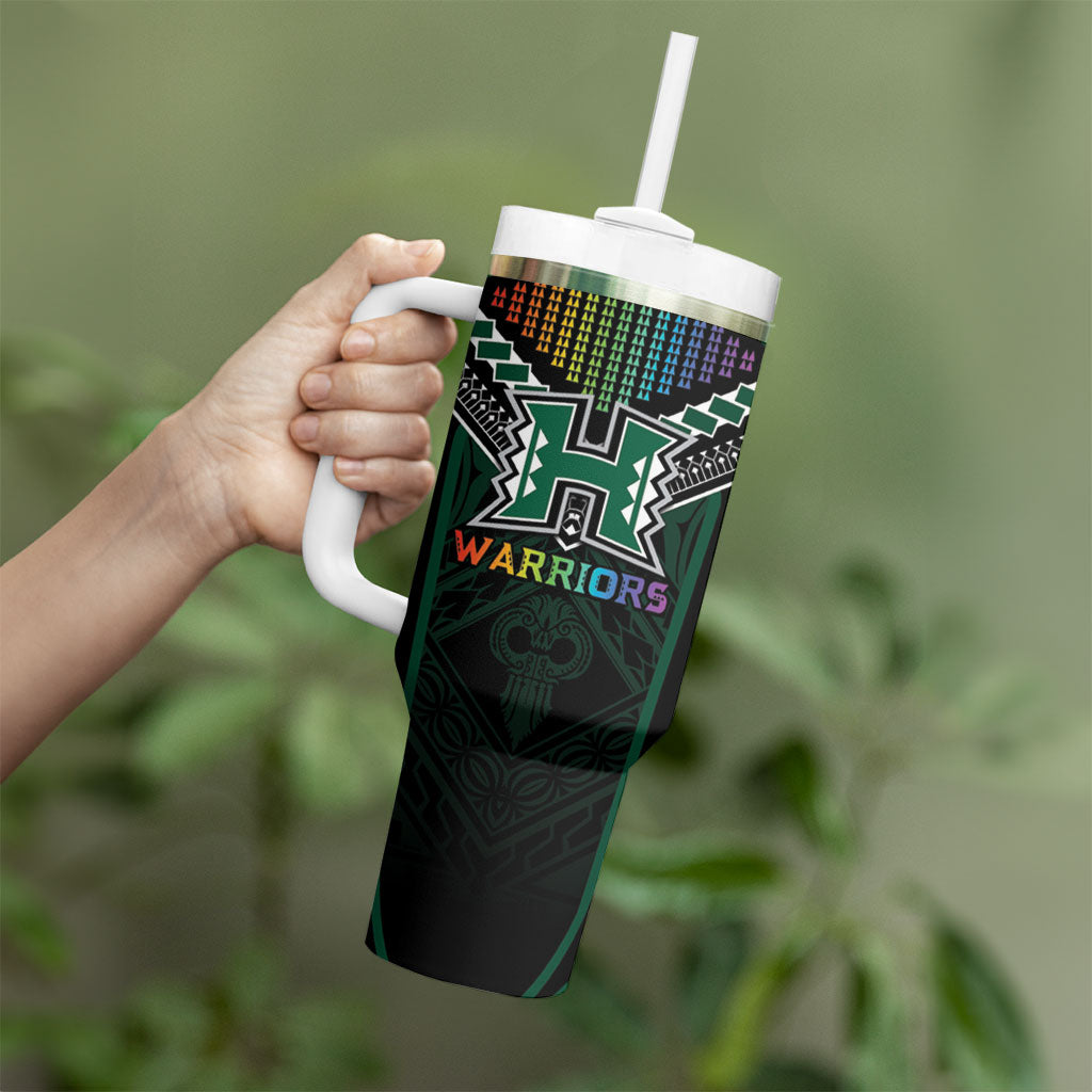 Custom Hawaii Warriors Football Tumbler With Handle Rainbow Kakau Pattern Black LT05 - Polynesian Pride