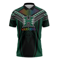 Custom Hawaii Warriors Football Zipper Polo Shirt Rainbow Kakau Pattern Black LT05 Black - Polynesian Pride
