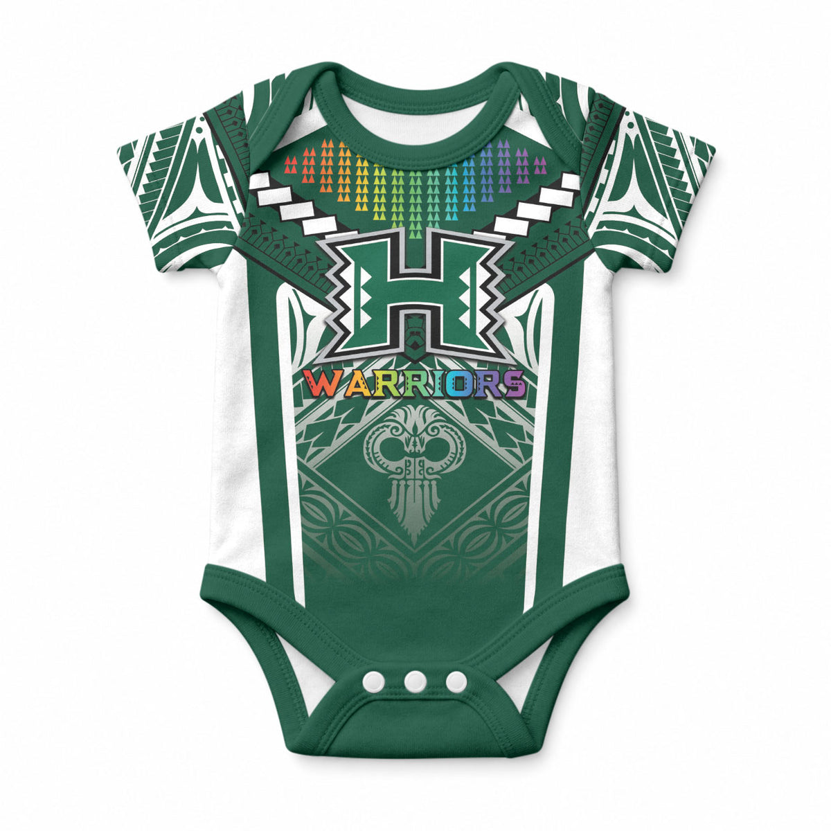 Custom Hawaii Warriors Football Baby Onesie Rainbow Kakau Pattern Green LT05 Green - Polynesian Pride