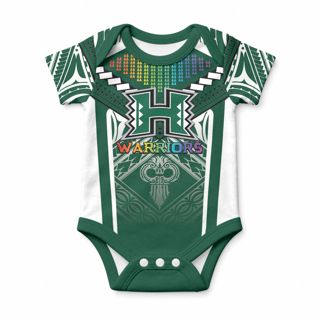 Custom Hawaii Warriors Football Baby Onesie Rainbow Kakau Pattern Green LT05 Green - Polynesian Pride