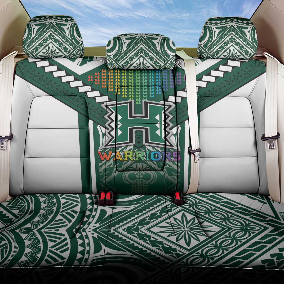 Hawaii Warriors Football Back Car Seat Cover Rainbow Kakau Pattern Green LT05 One Size Green - Polynesian Pride