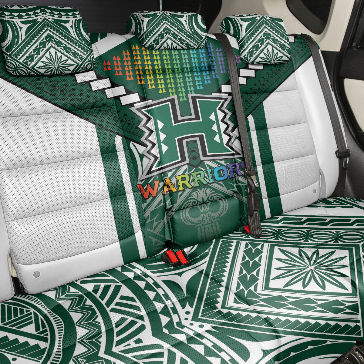 Hawaii Warriors Football Back Car Seat Cover Rainbow Kakau Pattern Green LT05 - Polynesian Pride