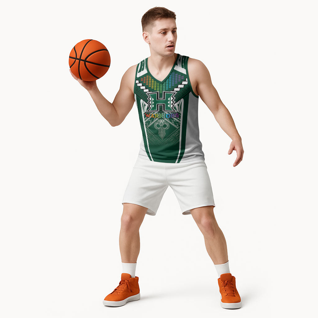 Custom Hawaii Warriors Football Basketball Jersey Rainbow Kakau Pattern Green LT05 - Polynesian Pride
