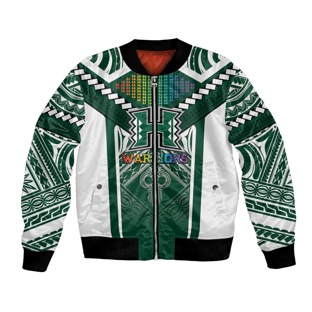 Custom Hawaii Warriors Football Bomber Jacket Rainbow Kakau Pattern Green LT05 Unisex Green - Polynesian Pride