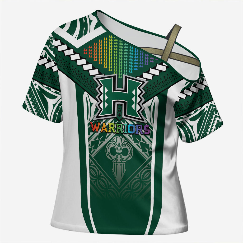 Custom Hawaii Warriors Football Cross Shoulder Shirt Rainbow Kakau Pattern Green