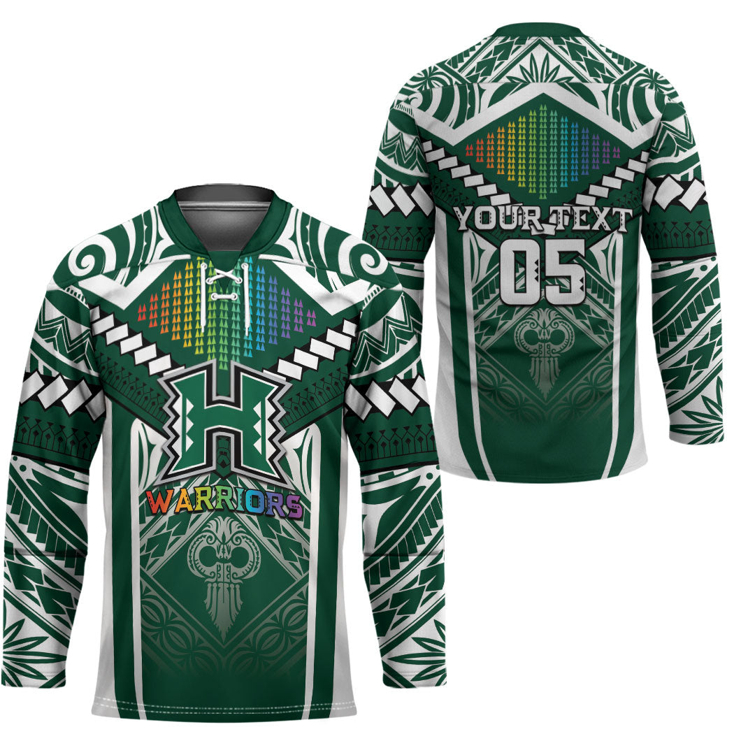 Custom Hawaii Warriors Football Hockey Jersey Rainbow Kakau Pattern Green LT05 - Polynesian Pride