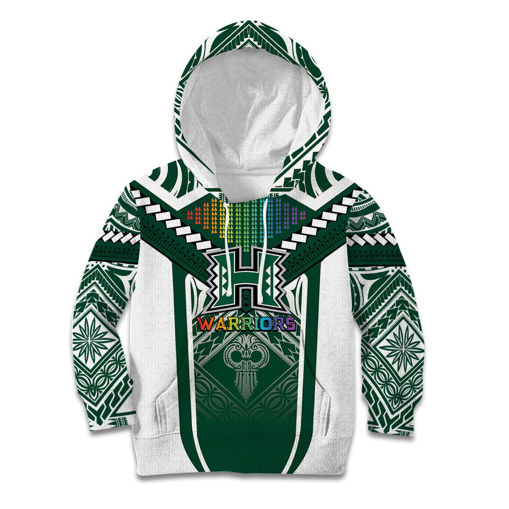 Custom Hawaii Warriors Football Kid Hoodie Rainbow Kakau Pattern Green LT05 Hoodie Green - Polynesian Pride